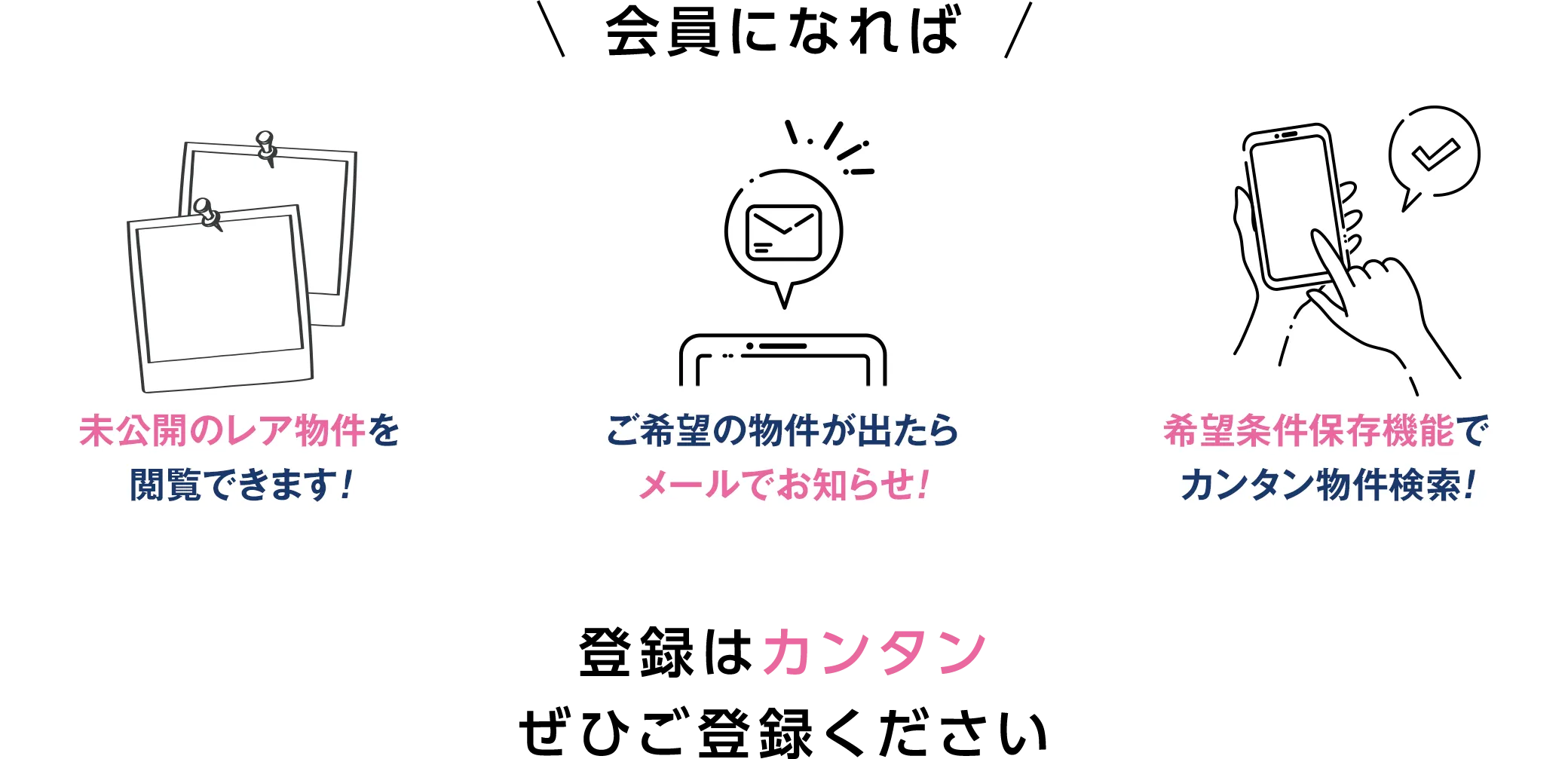 会員になれば、①未公開のレア物件を閲覧できます②ご希望の物件が出たらメールでお知らせ②希望条件保存機能でカンタン物件検索　ぜひご登録ください